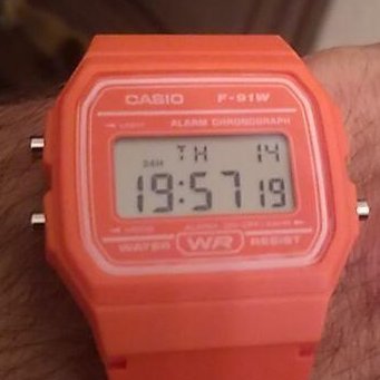 A classic, yet orange Casio F-91W, a true frugal Bitcoiner's watch